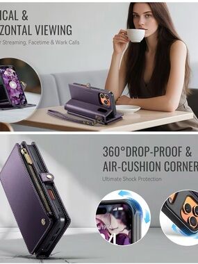 Defencase Purple Wallet Phone Case IP 17 no strap the magnetic can remove phone